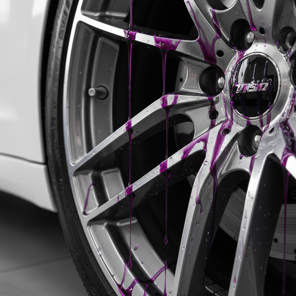 고급 스포츠카의 합금 휠에 도포된 휠 세정제가 철분과 반응하여 진한 보라색으로 변하며 흘러내리는 역동적인 클로즈업 사진, 고해상도 매크로 샷.
