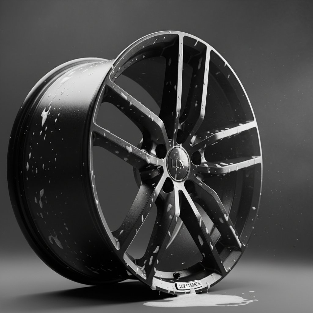 세련된 검은색 무광 휠에 하얀 거품 세정제가 가득 덮여 있는 모습, 부드러운 거품의 질감과 금속의 대비가 강조된 스튜디오 조명 연출.