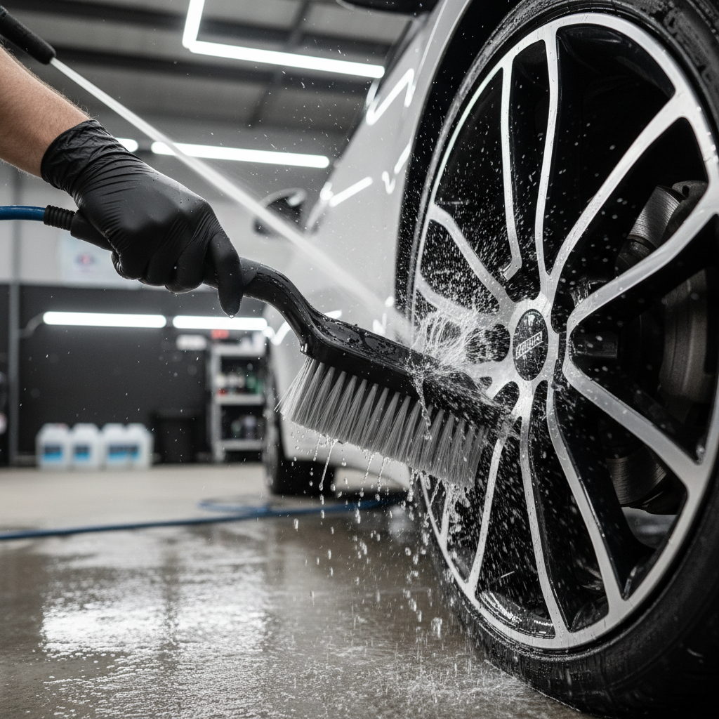 전문 세차 브러시를 사용하여 휠의 복잡한 스포크 사이를 정밀하게 닦아내는 손의 움직임, 물방울이 튀는 찰나를 포착한 고속 촬영 이미지.