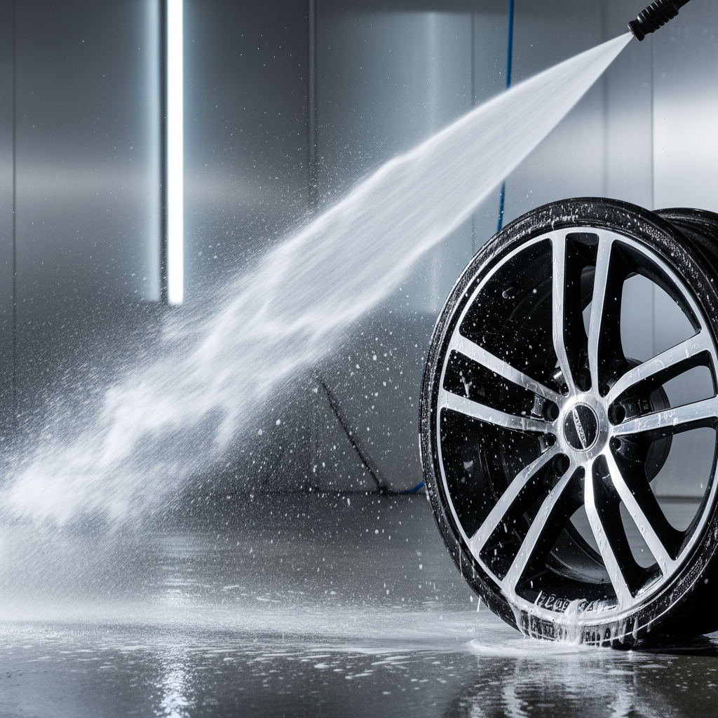 고압 세척기에서 나오는 강력한 물줄기가 휠에 묻은 오염물과 세정제 거품을 시원하게 씻어내는 순간, 투명한 물방울과 역동적인 물보라.