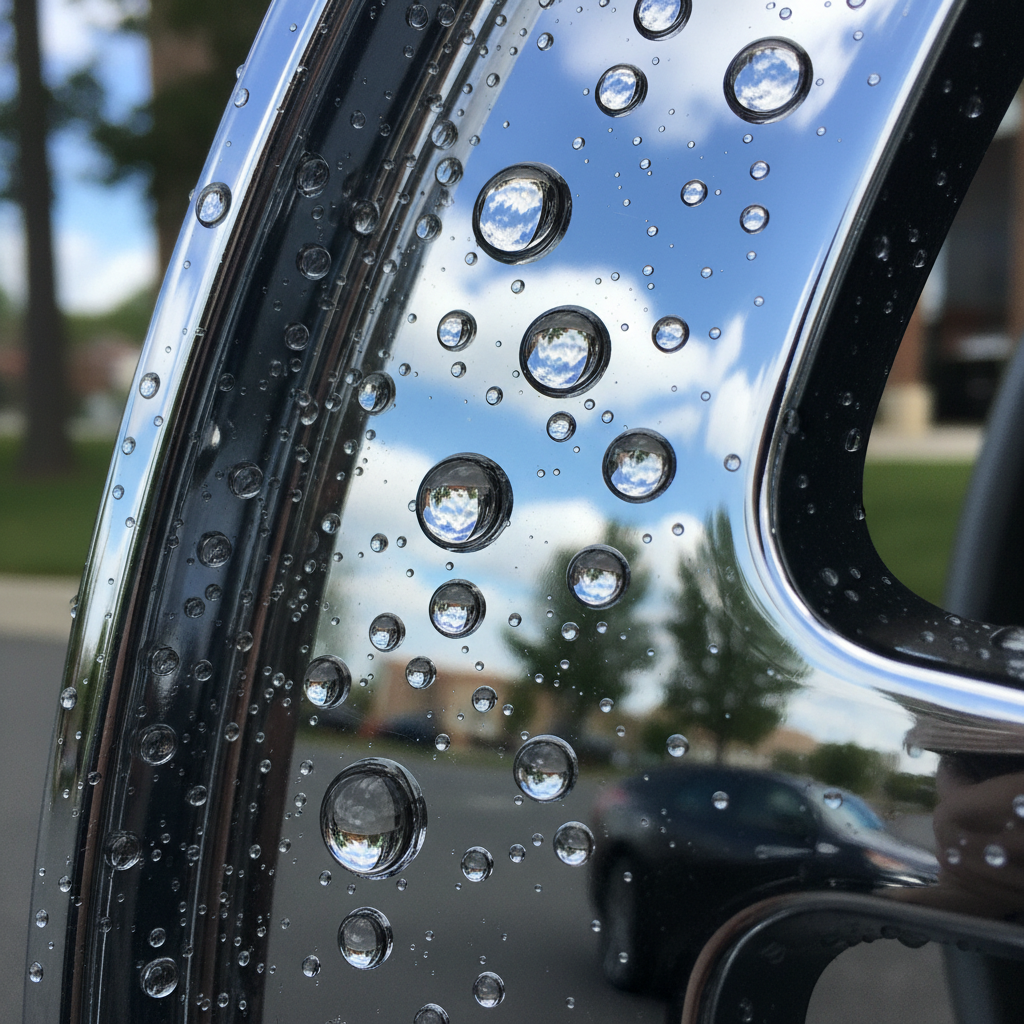세척이 완료된 반짝이는 크롬 휠 표면에 주변 풍경이 선명하게 반사되는 모습, 휠 표면에 맺힌 완벽한 구형의 물방울들이 돋보이는 고품질 사진.