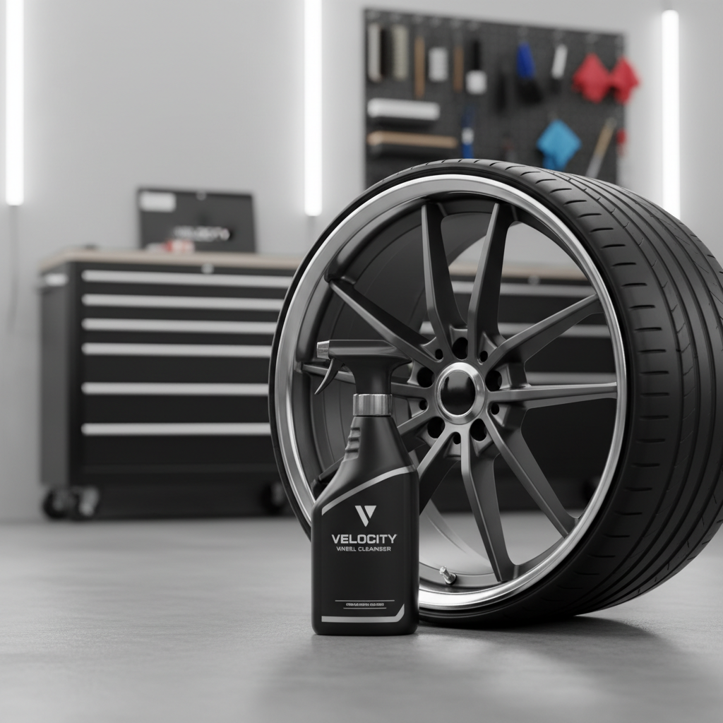 깔끔한 차고 배경에서 휠 세정제 스프레이 제품이 세련된 휠 옆에 배치된 정물 사진, 전문적인 카 디테일링 브랜드의 감성이 느껴지는 구도.