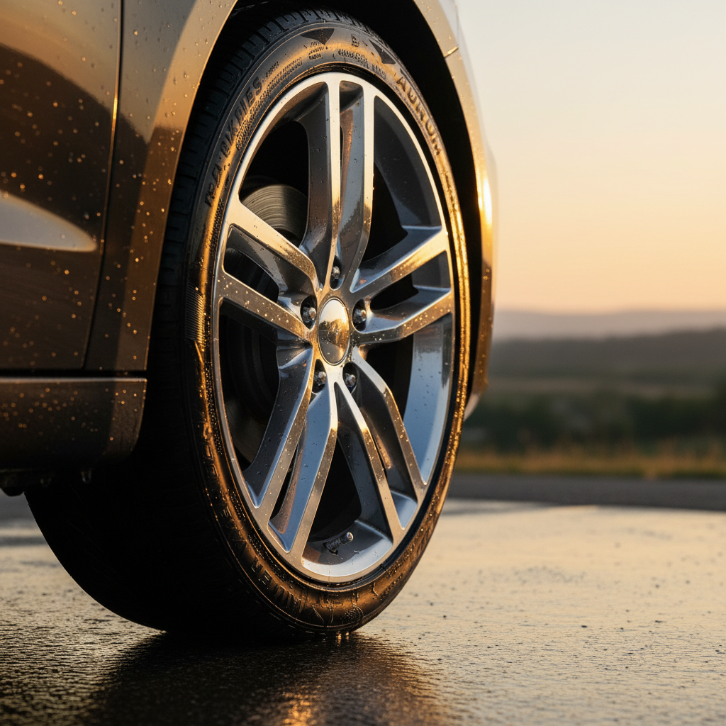 노을 지는 야외에서 방금 세차를 마친 자동차 휠의 전체적인 모습, 황금빛 조명이 휠의 곡선을 따라 흐르며 깨끗함을 강조하는 시네마틱한 풍경.